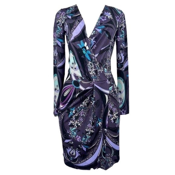 EMILIO PUCCI Purple Floral Print Long Sleeve V-Neck Wrap Mini Dress Size… - Picture 4 of 9